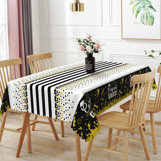 Lofaris Congrats Grad Black Stripes And Dots Tablecloth