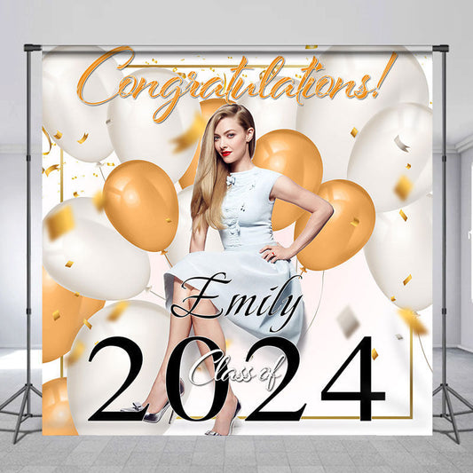 Lofaris Congrats Orange White Balloon Custom Grad Backdrop