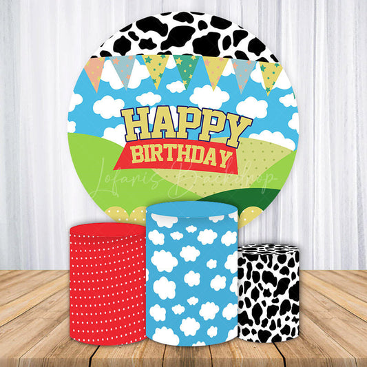 Lofaris Cow Cloud Print Farm Story Round Birthday Backdrop