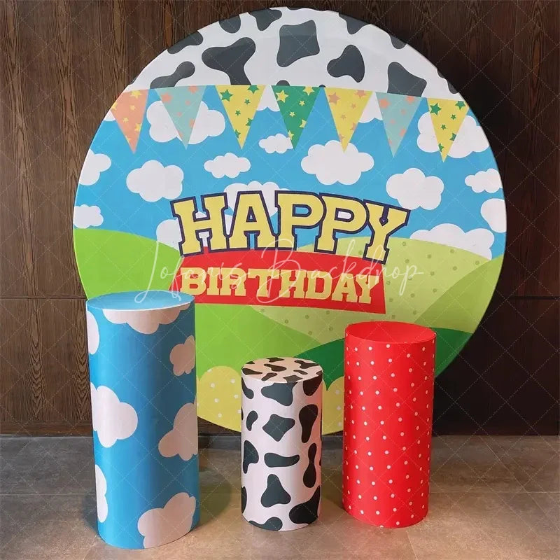 Lofaris Cow Cloud Print Farm Story Round Birthday Backdrop
