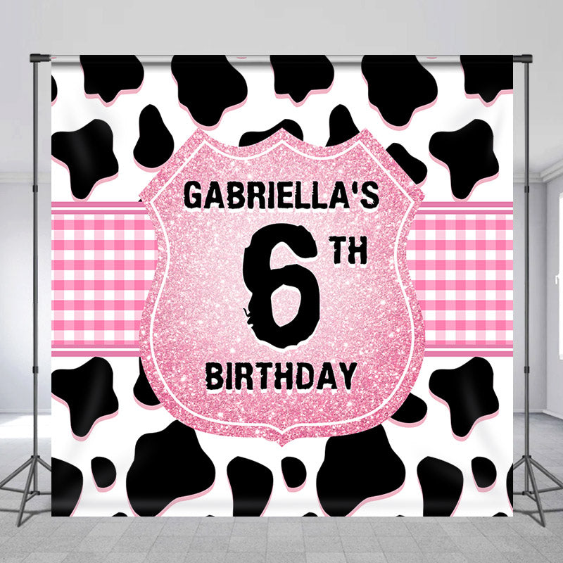 Lofaris Cow Pattern Pink Plaid Custom 6th Birthday Backdrop