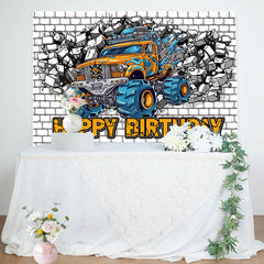 Lofaris Cracked White Brick Wall Car Boys Birthday Backdrop