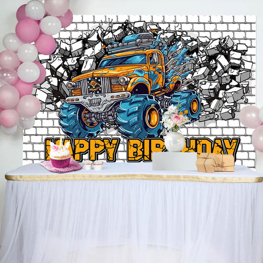 Lofaris Cracked White Brick Wall Car Boys Birthday Backdrop