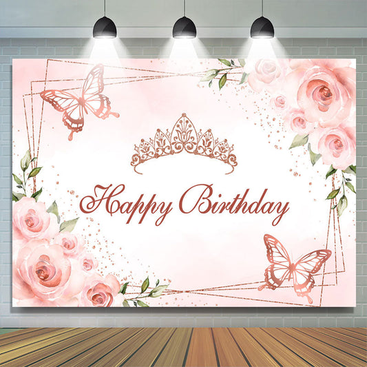 Lofaris Crown Butterfly Floral Pink Happy Birthday Backdrop