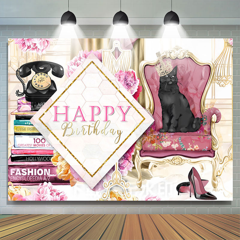 Lofaris Crown Cats Books Floral Birthday Backdrop For Women