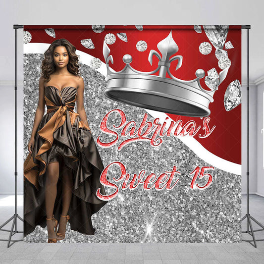 Lofaris Crown Silver Red Custom Sweet 15 Birthday Backdrop
