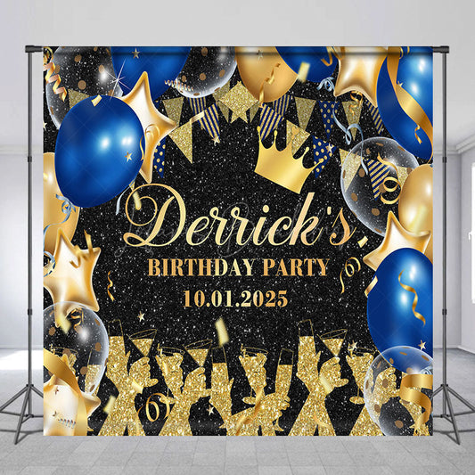 Lofaris Custom Black Gold Blue Balloon Birthday Backdrop