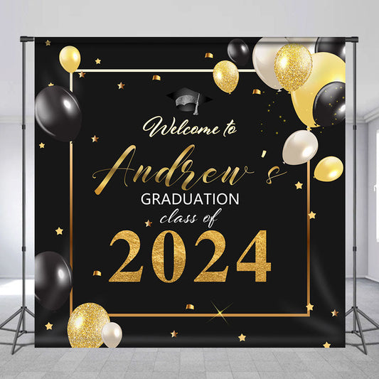 Lofaris Custom Black Golden Balloon Backdrop for Graduation
