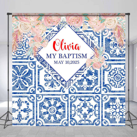 Lofaris Custom Blue Floral Baptism Party Backdrop for Girl