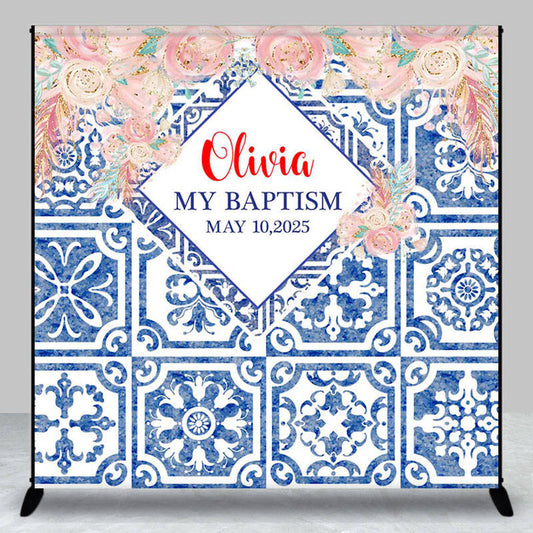 Lofaris Custom Blue Floral Baptism Party Backdrop for Girl