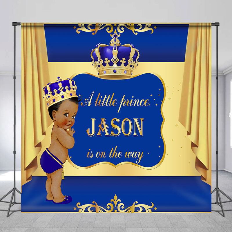 Lofaris Custom Blue Gold Crown Curtain Baby Shower Backdrop