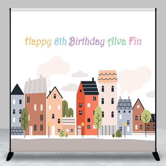 Lofaris Custom Cartoon Building 6th Happy Birthday Backdrop