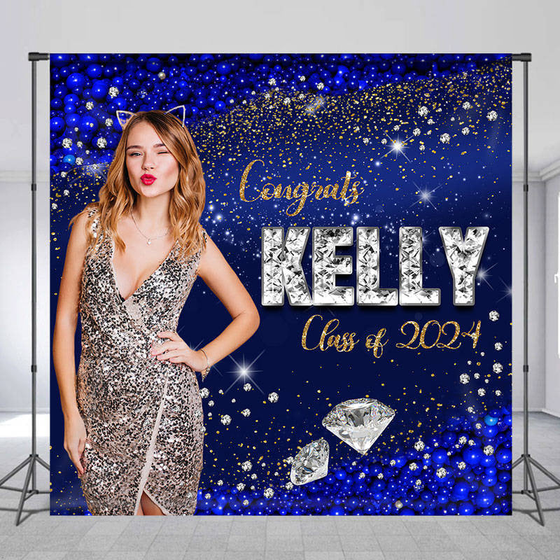 Custom Glitter Blue Congrats Graduation Backdrop with Photo - Lofaris