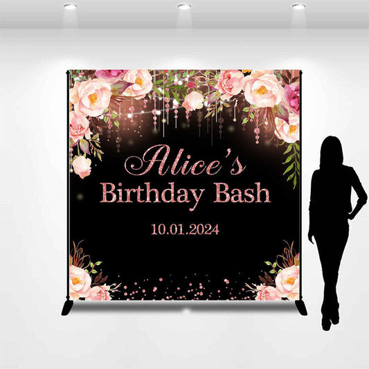 Lofaris Custom Glitter Floral Black Pink Birthday Backdrop