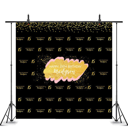 Lofaris Custom Gold Black Glitter 15th Birthday Backdrop