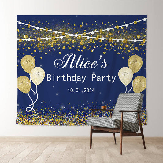 Lofaris Custom Gold Glitter Balloon Blue Birthday Backdrop