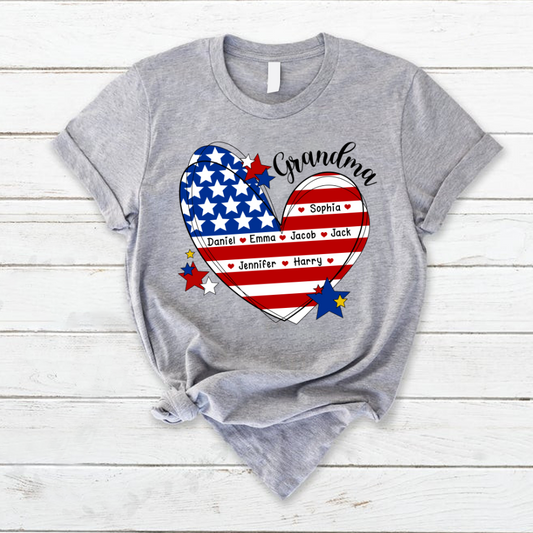 Lofaris Custom Grandma And Kids Heart America Flag T - Shirt