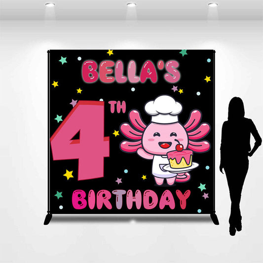 Lofaris Custom Name Black Pink Cartoon 4th Birthday Backdrop