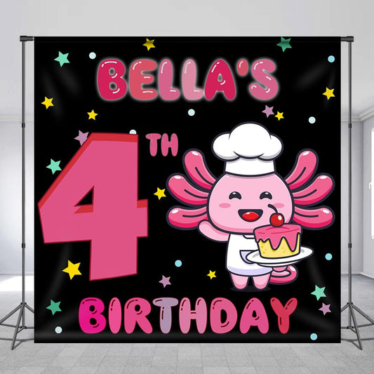 Lofaris Custom Name Black Pink Cartoon 4th Birthday Backdrop