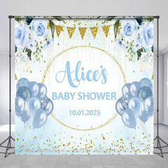 Lofaris Custom Name Blue Balloon Floral Baby Shower Backdrop