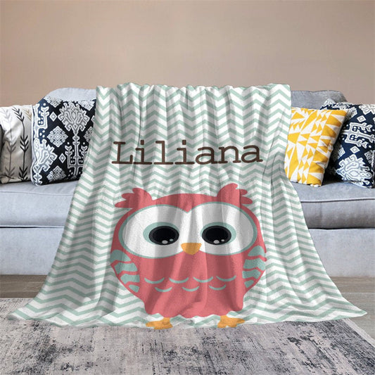 Lofaris Custom Name Cartoon Owl Chevron Pattern Blanket