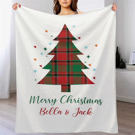 Lofaris Custom Name Checkered Christmas Tree White Blanket