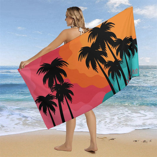Lofaris Custom Name Coconut Tree Summer Sunset Beach Towel