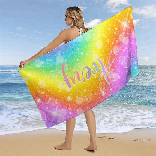 Lofaris Custom Name Colorful Rainbow Sparkle Beach Towel