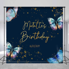 Lofaris Custom Name Dark Blue Butterfly Birthday Backdrop