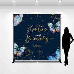 Lofaris Custom Name Dark Blue Butterfly Birthday Backdrop