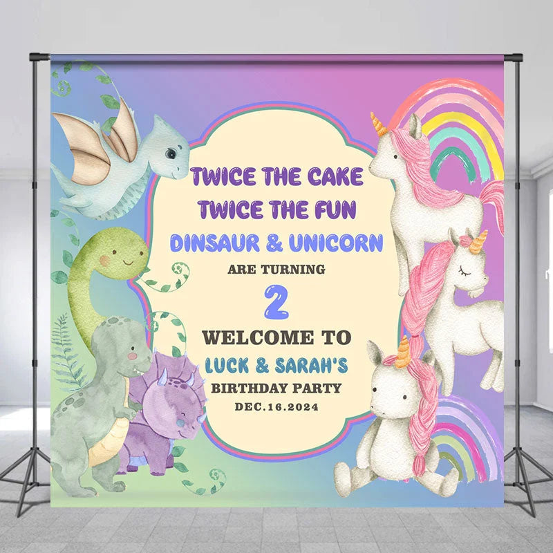 Lofaris Custom Name Dinosaur Unicorn 2nd Birthday Backdrop