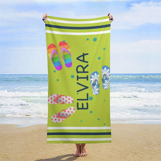 Lofaris Custom Name Green Beach Slippers Summer Towel