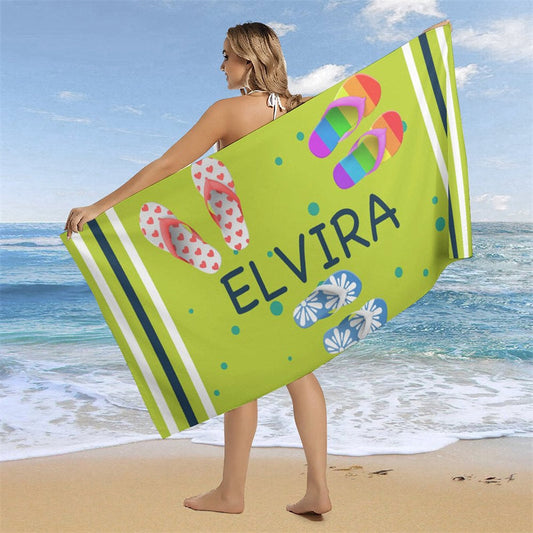 Lofaris Custom Name Green Beach Slippers Summer Towel