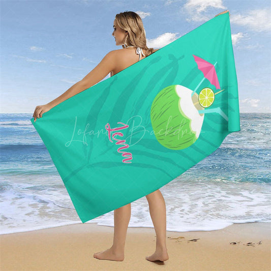 Lofaris Custom Name Green Leaves Coconut Summer Beach Towel