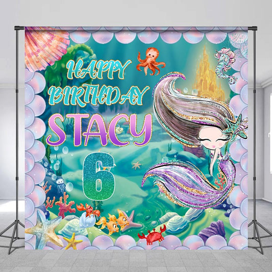Lofaris Custom Name Mermaid Sea Girl 6th Birthday Backdrop