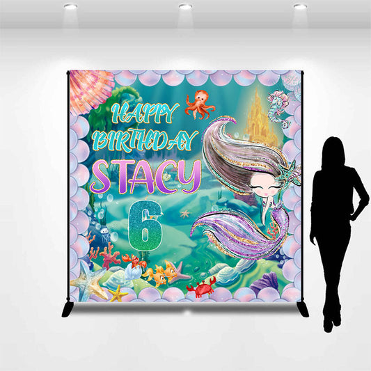 Lofaris Custom Name Mermaid Sea Girl 6th Birthday Backdrop