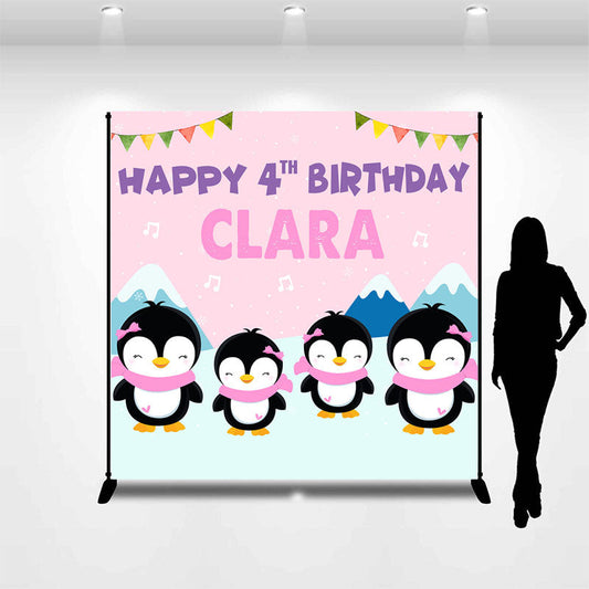 Lofaris Custom Name Penguin 4th Birthday Backdrop For Girl