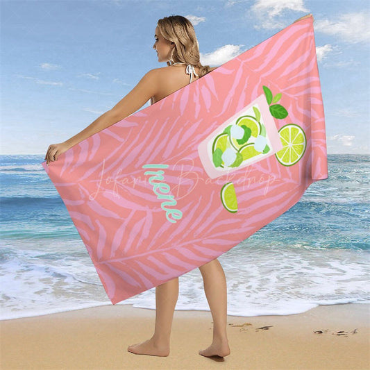 Lofaris Custom Name Pink Leaves Lemon Juice Girl Beach Towel