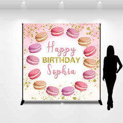 Lofaris Custom Name Pink Macarons Happy Birthday Backdrop