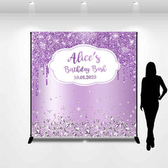 Lofaris Custom Name Purple Glitter Diamond Birthday Backdrop