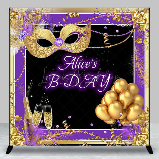 Lofaris Custom Name Purple Gold Masquerade Birthday Backdrop