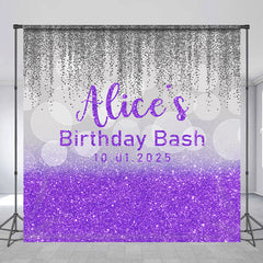 Lofaris Custom Name Purple Silver Glitter Birthday Backdrop