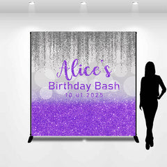 Lofaris Custom Name Purple Silver Glitter Birthday Backdrop