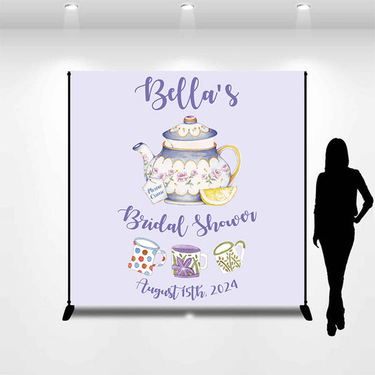 Lofaris Customized Name Purple Teapot Baby Shower Backdrop
