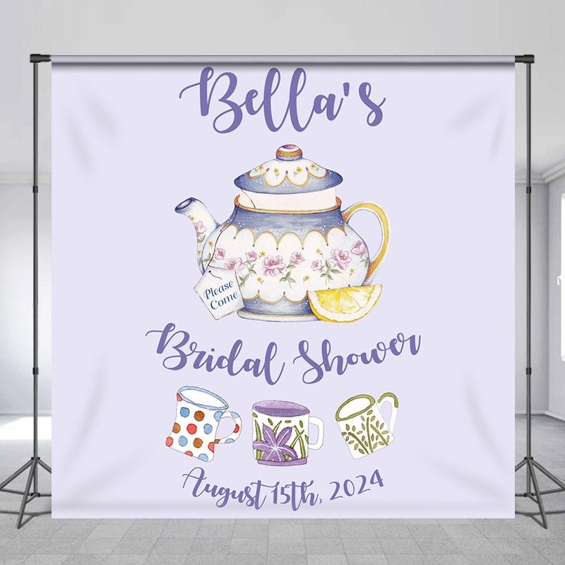 Lofaris Customized Name Purple Teapot Baby Shower Backdrop