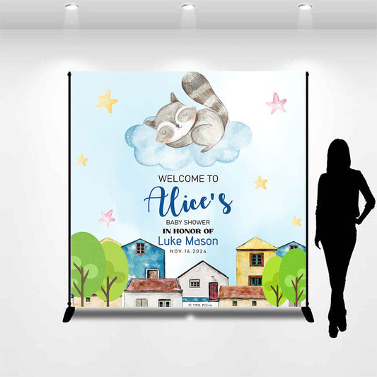Lofaris Custom Name Racoon House Boy Baby Shower Backdrop