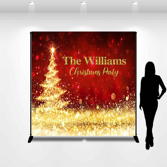 Lofaris Custom Name Red Bokeh Gold Tree Christmas Backdrop