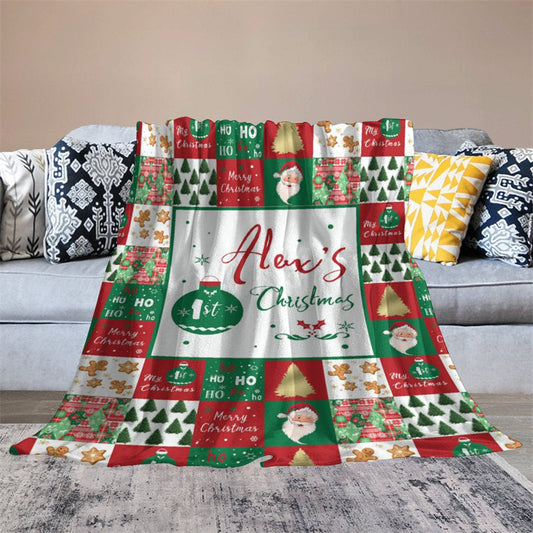 Lofaris Custom Name Red Green Plaid 1st Christmas Blanket