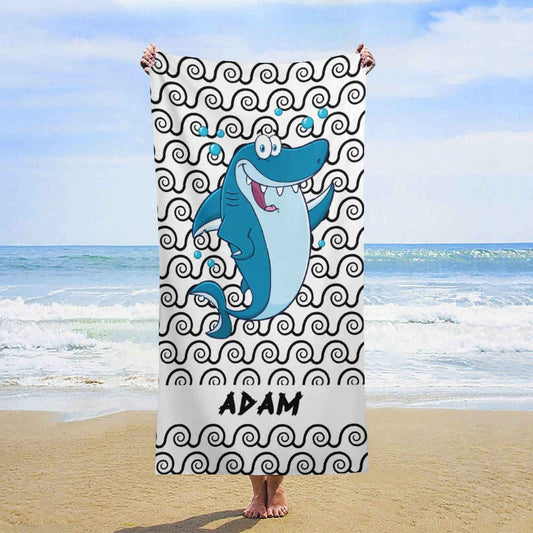 Lofaris Custom Name White Wave Shark Boy Beach Towel
