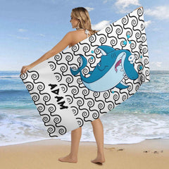 Lofaris Custom Name White Wave Shark Boy Beach Towel